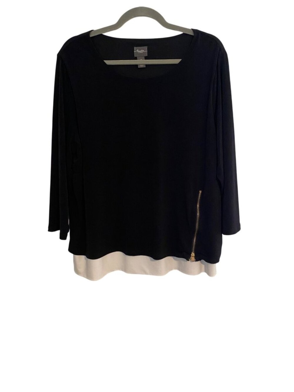 Travelers By Chicos Women's XL Black Off White Tunic Top Side Zip Accent Office